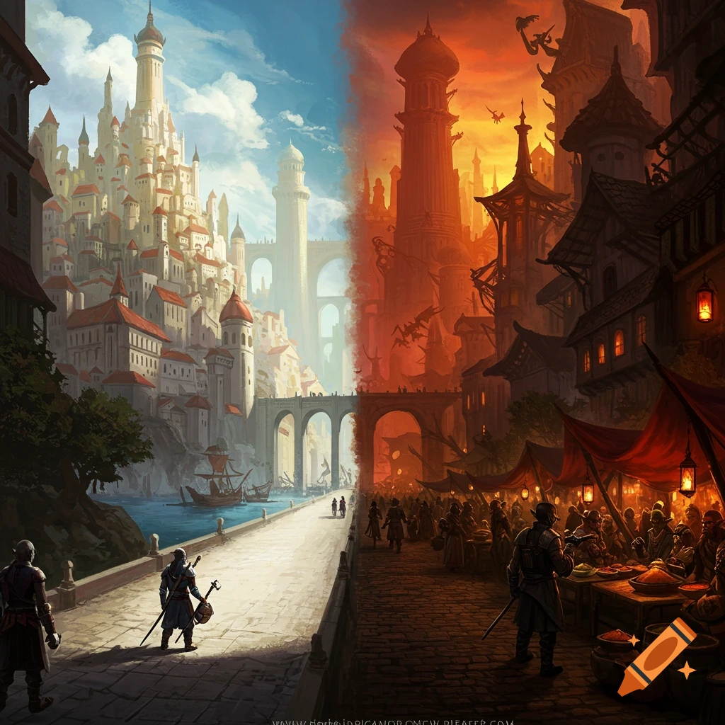 A fantasy painting of a city split by a street, one side bright with white castles, the other dark with bustling markets and red skies.