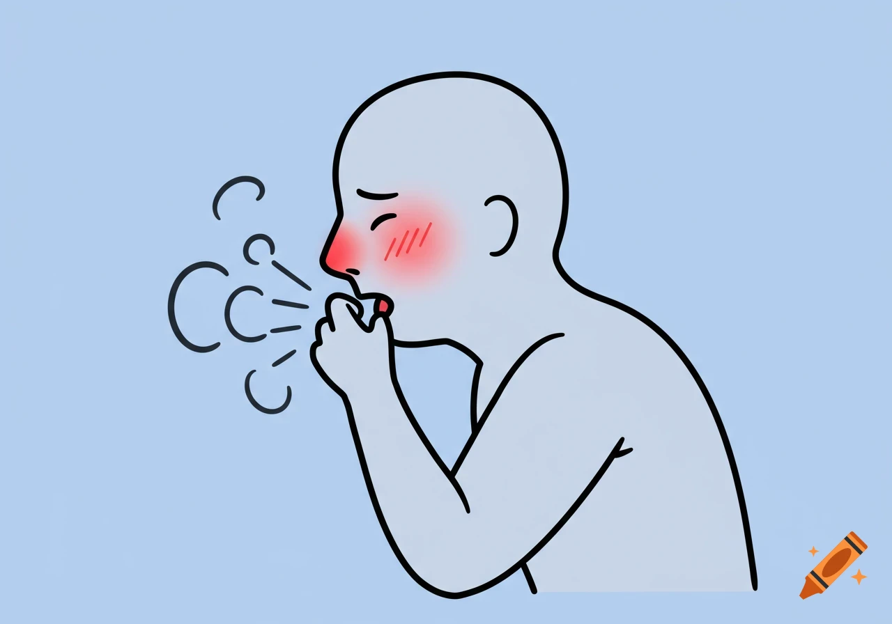 A plain clipart character covers its mouth while coughing, with red cheeks and nose indicating illness.