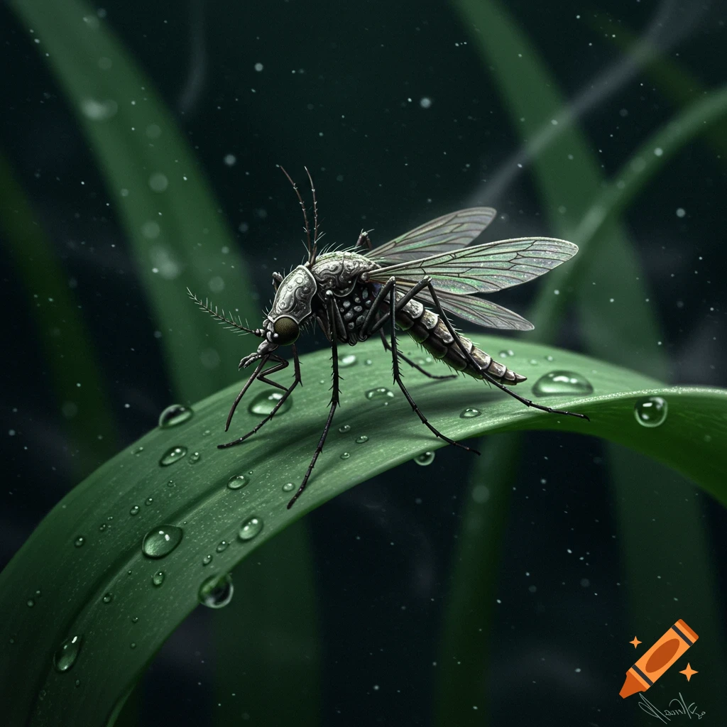 A detailed mosquito with a metallic, armored body rests on a green leaf covered in water droplets.