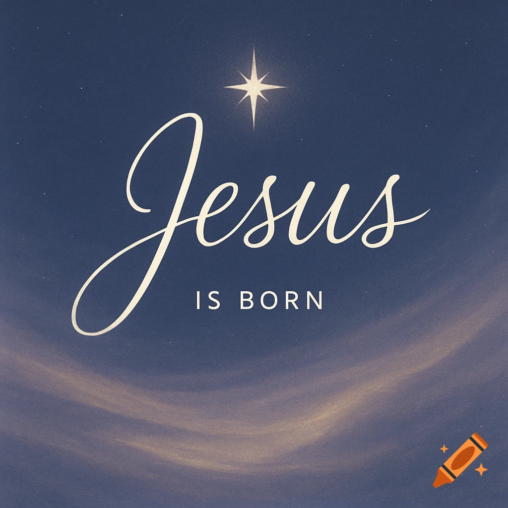 Elegant script text 'Jesus' above 'IS BORN' against a starry night sky with a bright star.