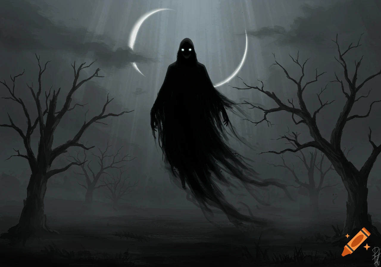 A dark, hooded ghost with glowing eyes floats in a foggy, moonlit forest with bare trees, in a spooky art style.