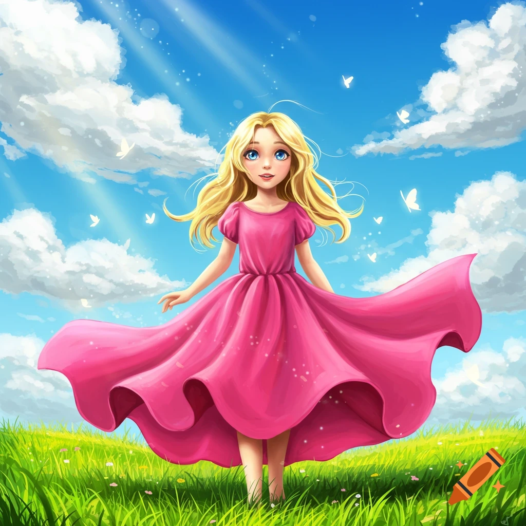 A smiling blonde girl in a flowing pink dress in a sunny green field with butterflies, digital art.
