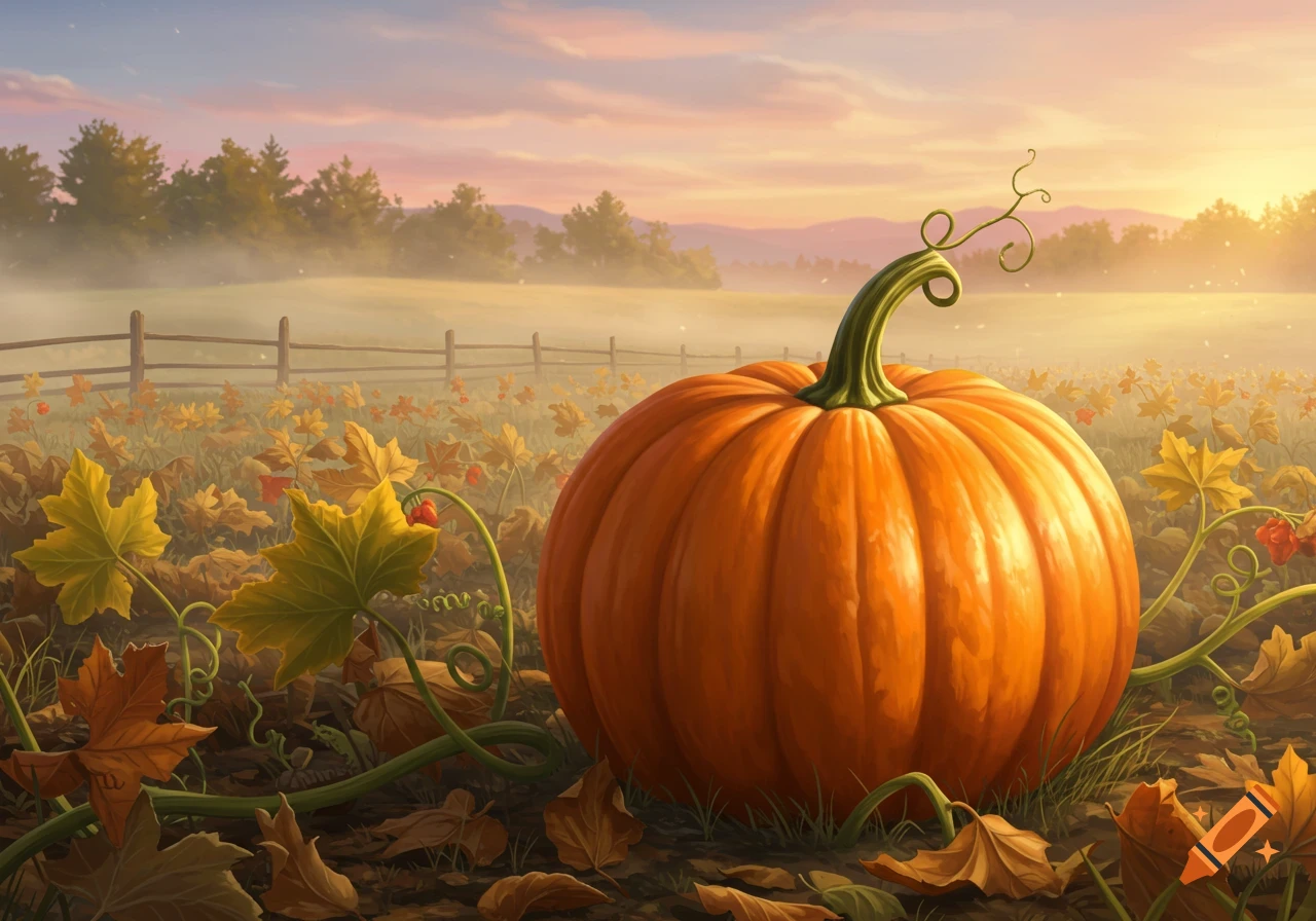 A large orange pumpkin sits in a field of autumn leaves and vines, with a hazy sunset and trees in the background.