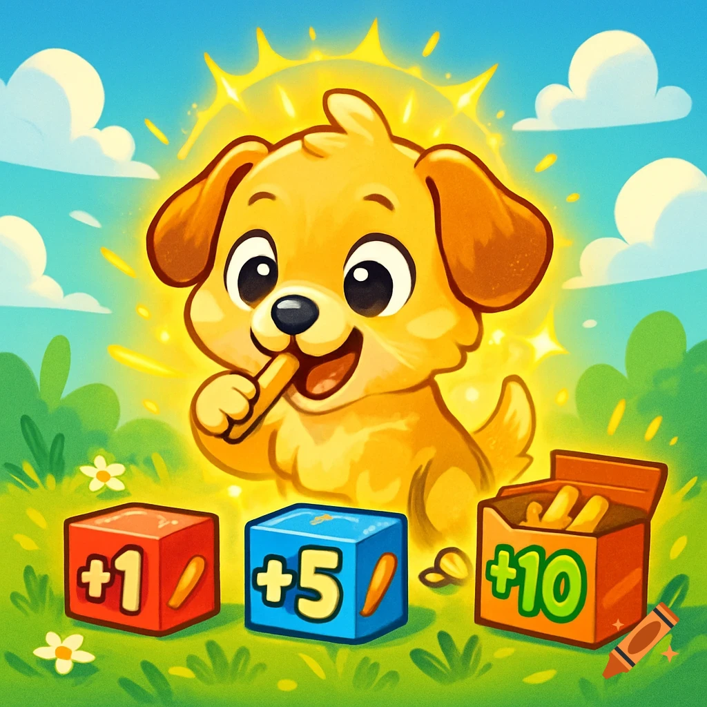 A happy cartoon puppy eating a snack, surrounded by blocks with '+1', '+5', and '+10' on them, in a sunny field.