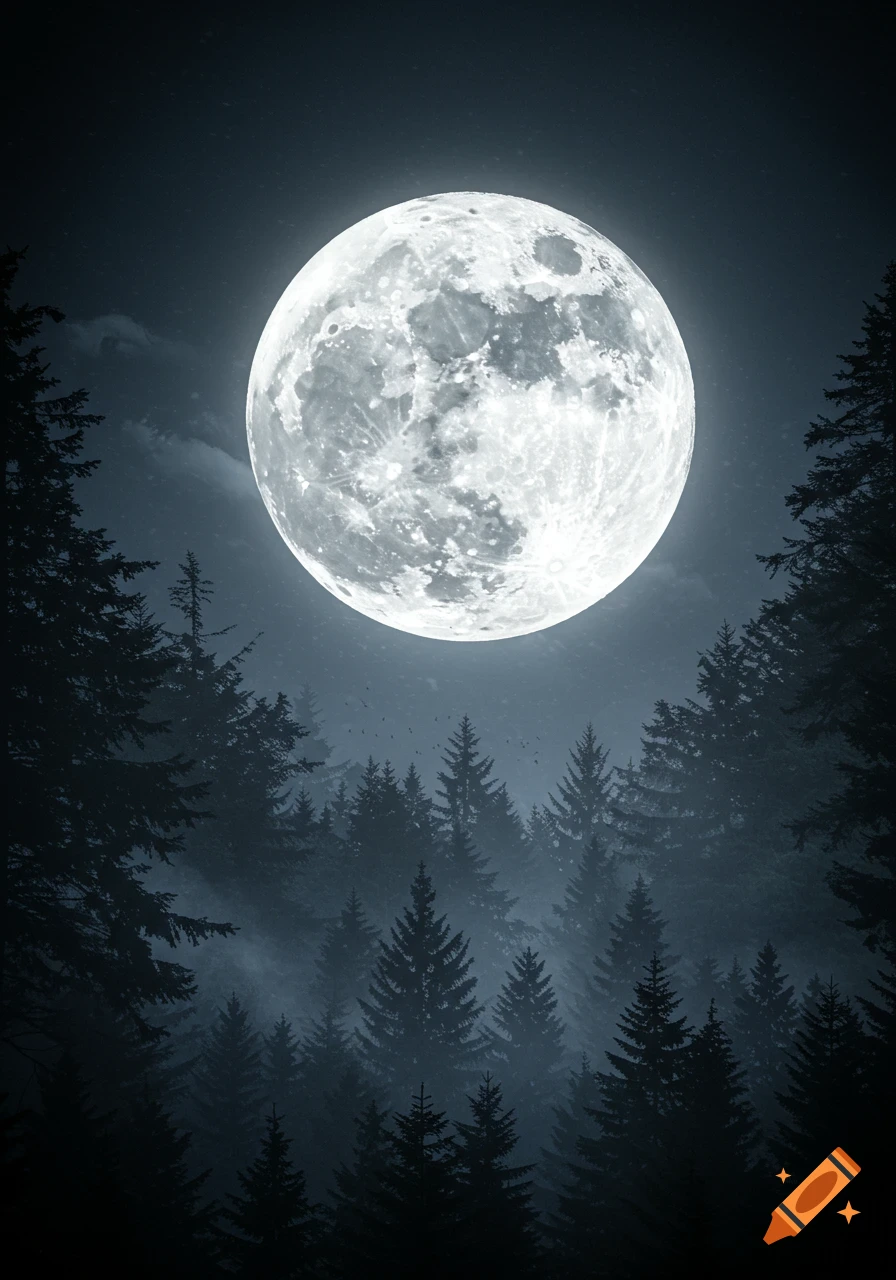 A large, bright full moon illuminates a dark, misty pine forest at night.