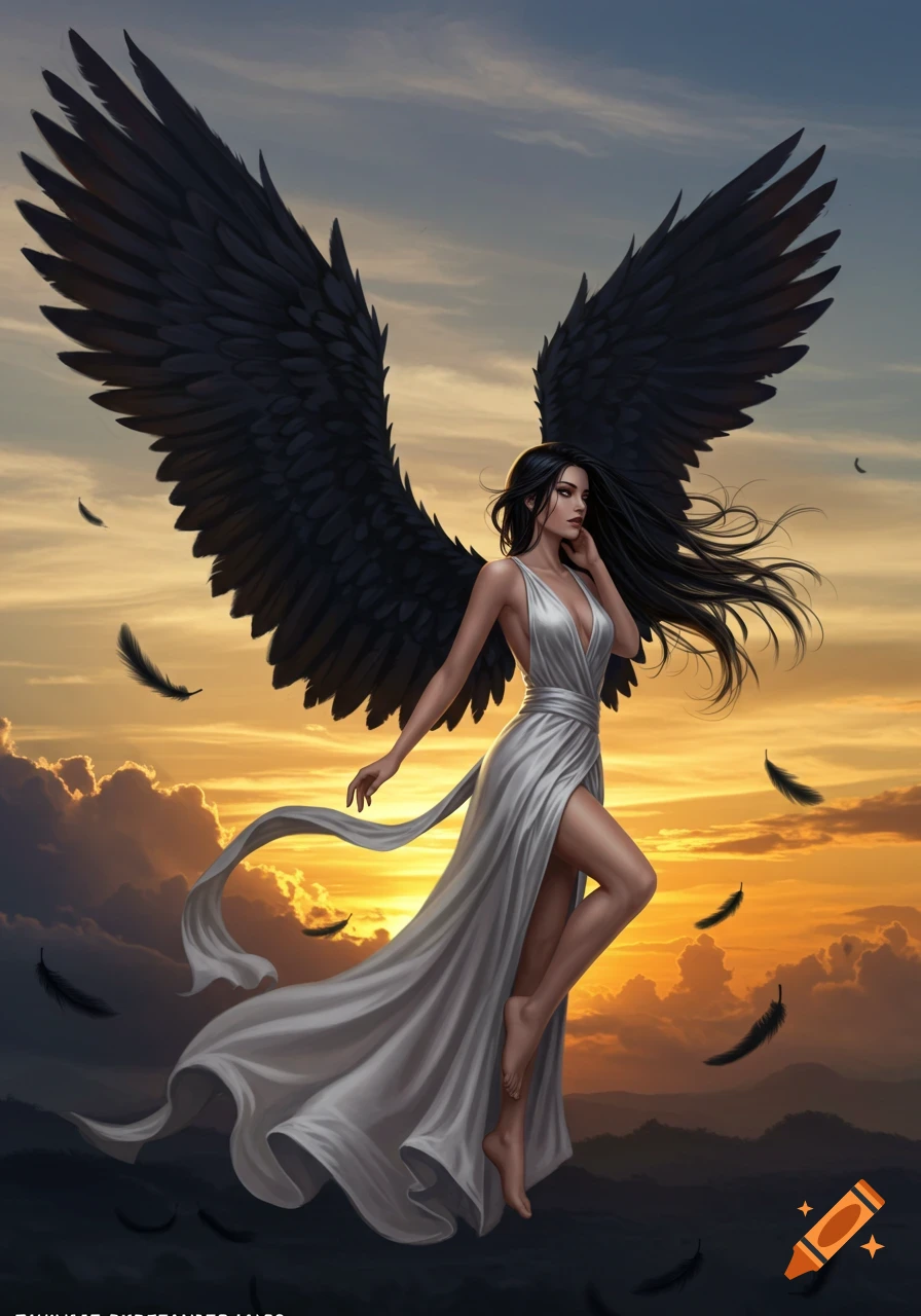 A beautiful female angel with large black wings and a flowing white dress floats in a dramatic sunset sky.