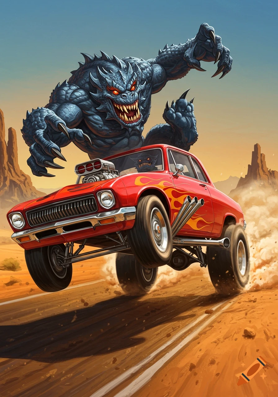 A menacing, dark monster with glowing red eyes looms over a red hot rod doing a wheelie on a dusty desert road.