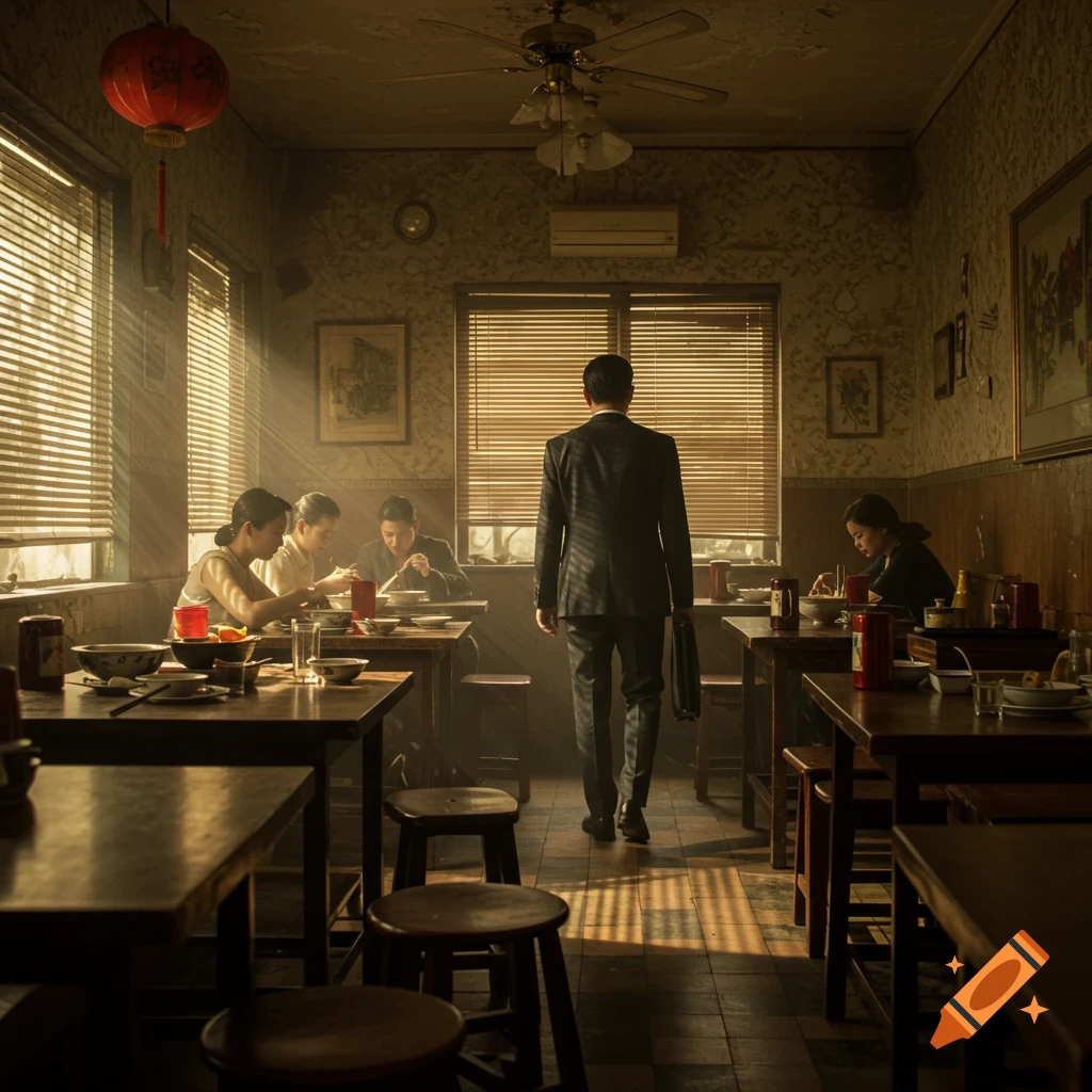 A man in a suit walks through a dimly lit, old restaurant with patrons eating, sunlight streaming through blinds.