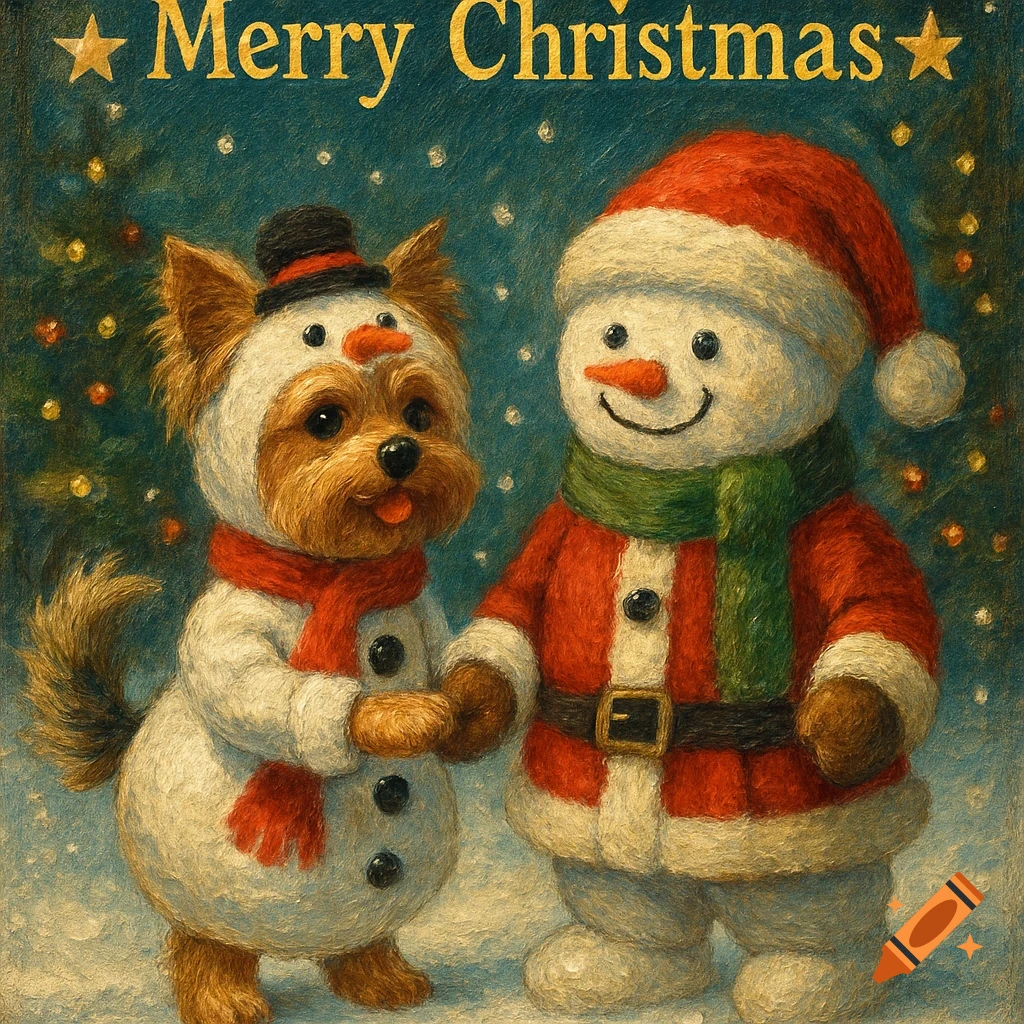 A cute Yorkshire Terrier in a snowman costume and a smiling snowman in a Santa suit hold hands under "Merry Christmas" text, oil painting style.