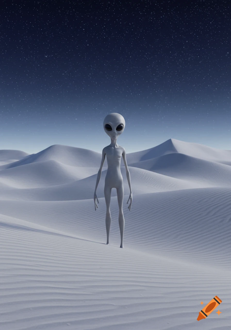 A grey alien stands in a white desert with smooth dunes under a starry blue night sky.