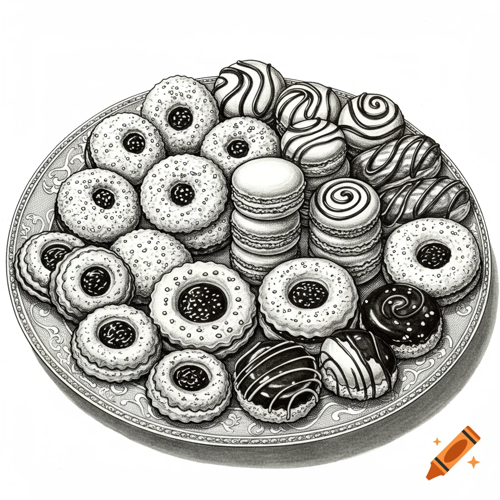 A black and white illustration of assorted cookies and macarons on a decorative plate.