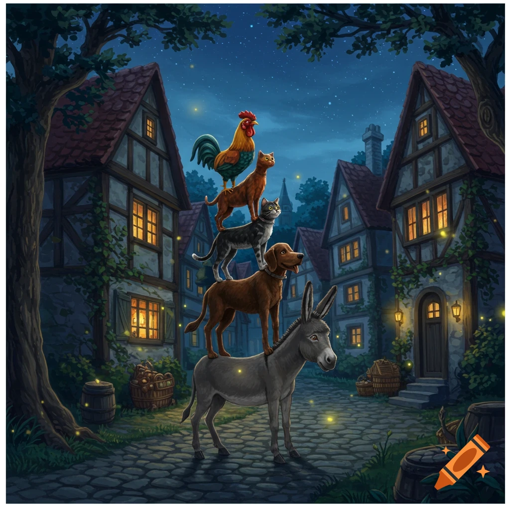 A donkey, dog, cat, and rooster are stacked atop each other on a cobblestone street in a quaint, moonlit village.