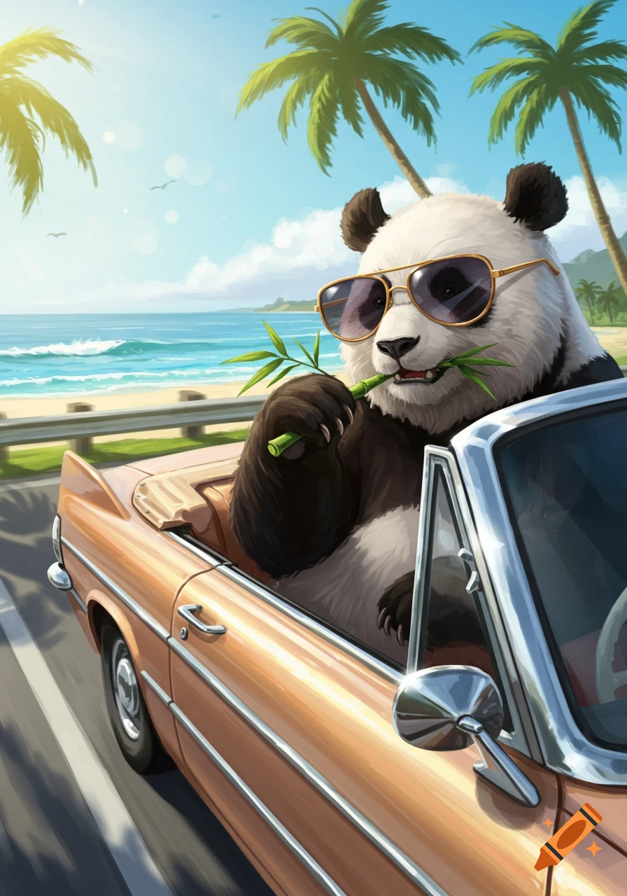 Digital art of a cool panda in sunglasses driving a vintage convertible on a sunny coastal road, eating bamboo.