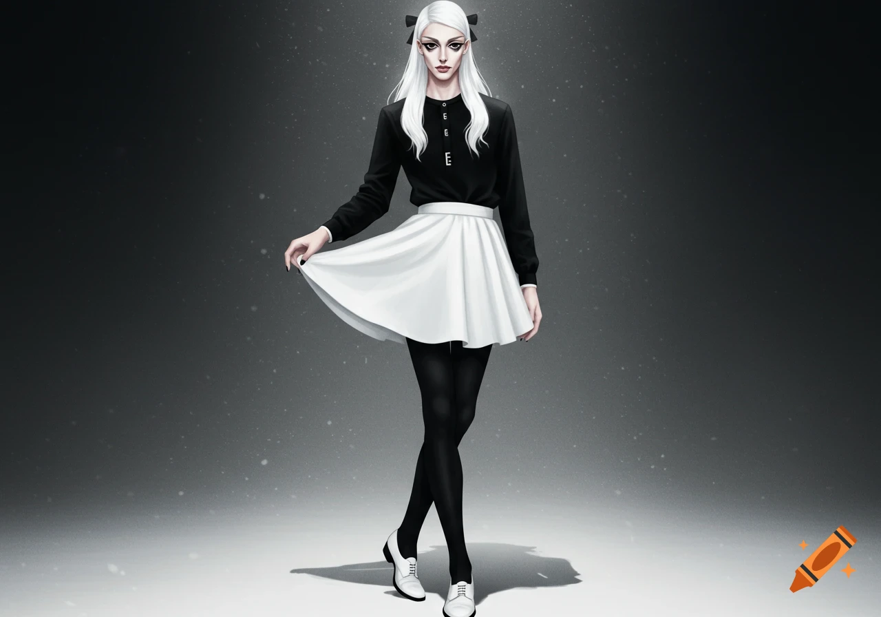 An elegant, pale figure with long white hair, a black top, white skirt, black tights, and white shoes, holding their skirt.