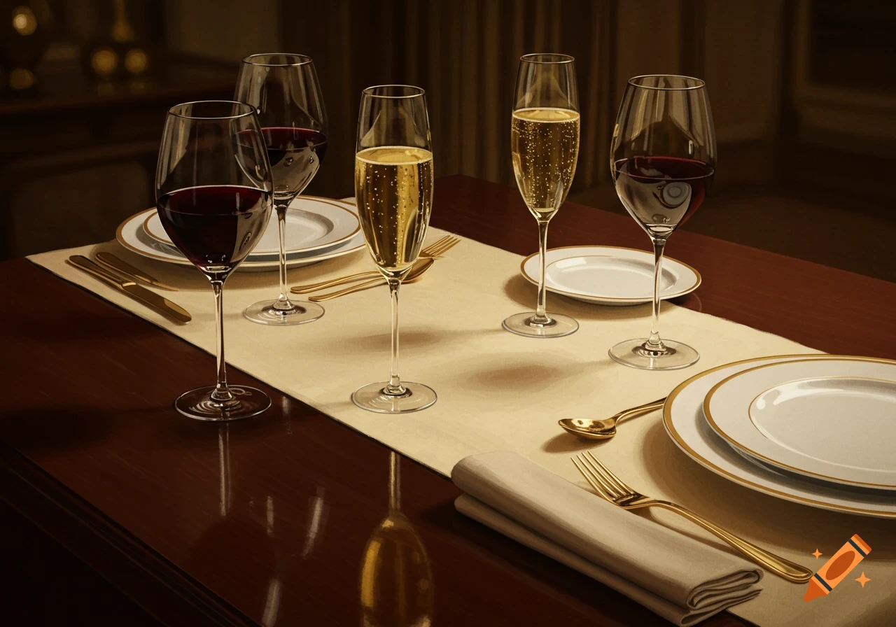 Elegant illustration of a refined dinner table setting with red wine and champagne glasses, plates, and golden cutlery.