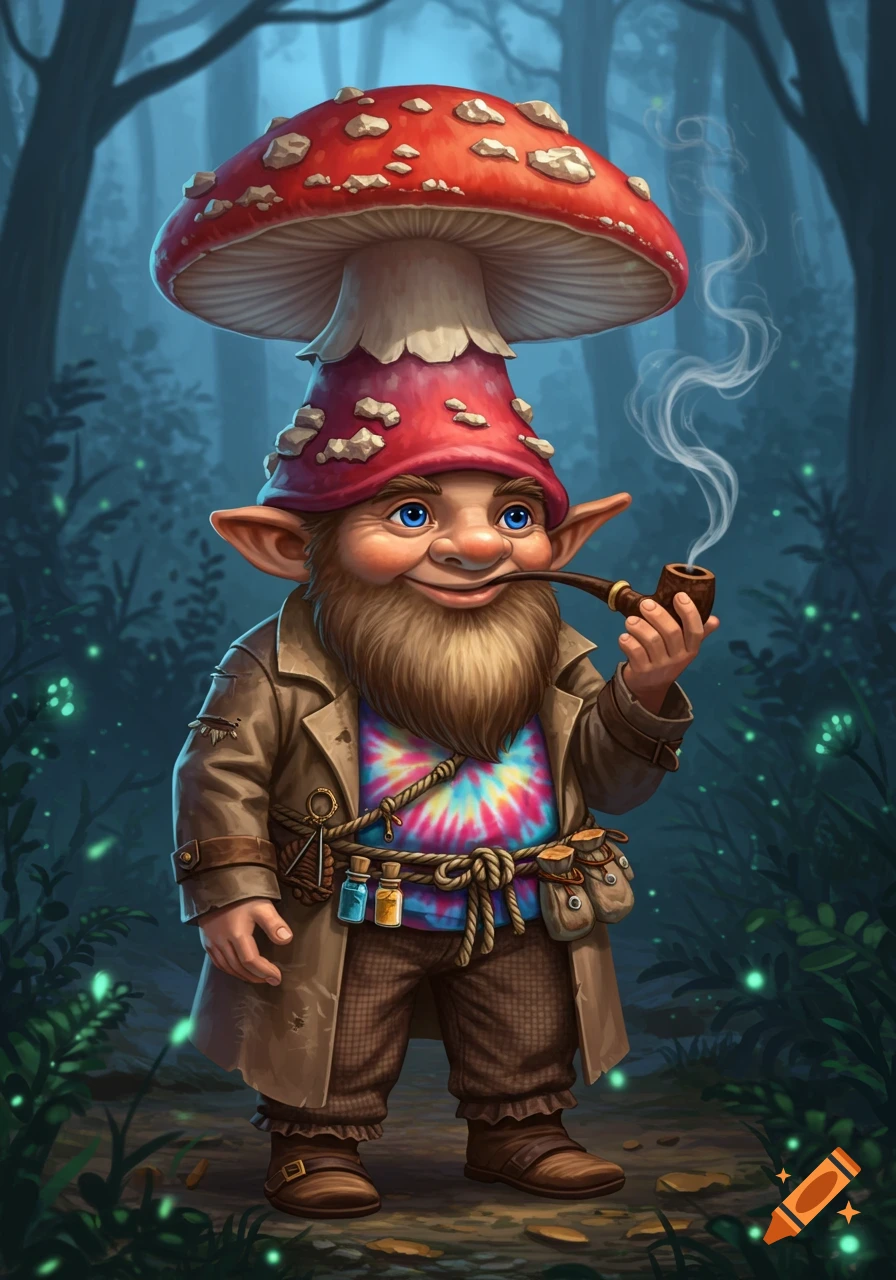 A DND gnome wearing a mushroom hat, tie-dyed shirt, and trench coat, smoking a pipe in a mystical forest.