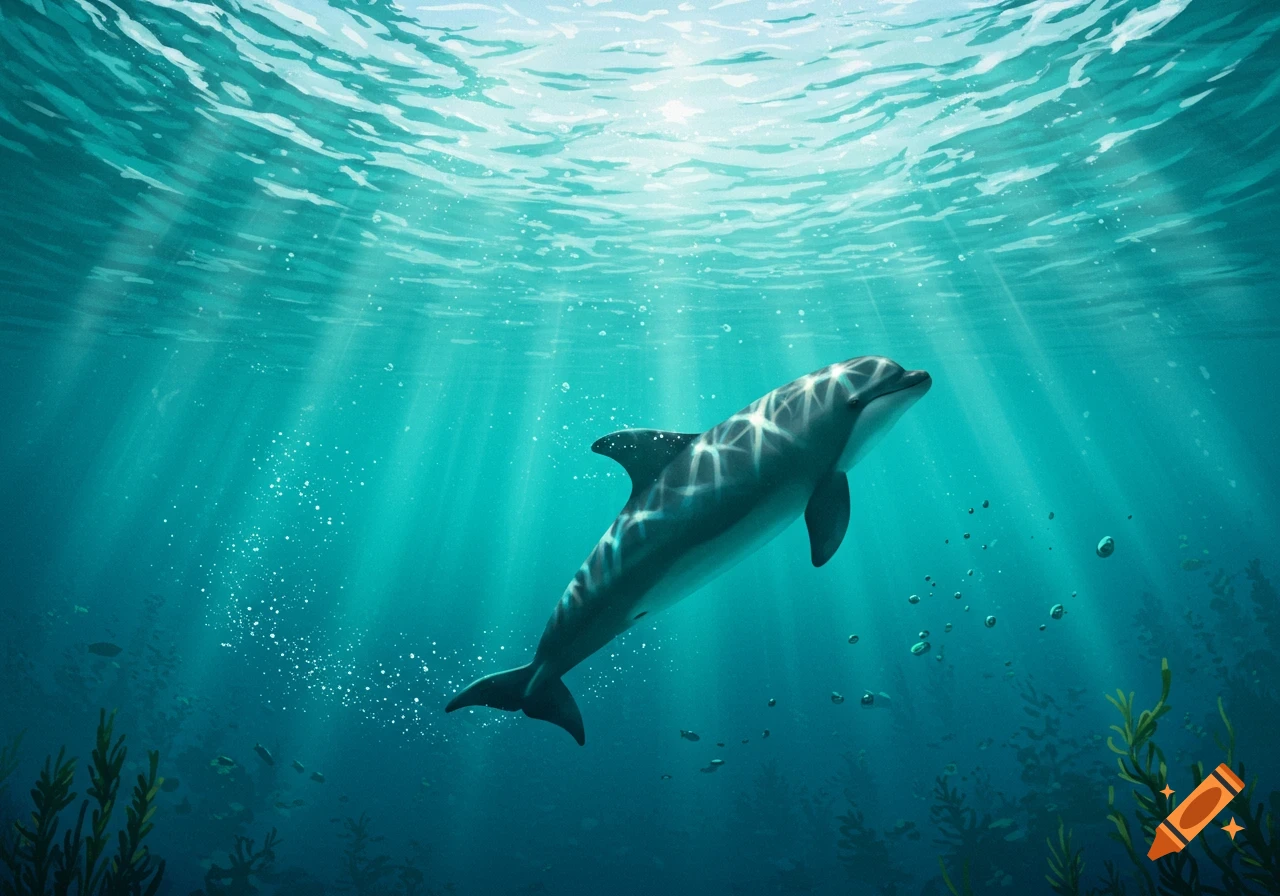 A graceful dolphin swims underwater with sunlight rays piercing through the blue ocean surface, surrounded by small fish and plants.