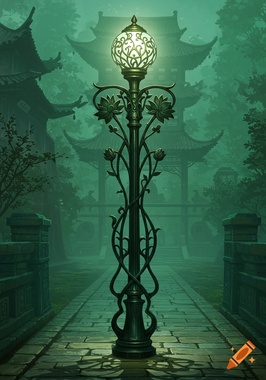 An ornate, glowing Art Nouveau-style lamppost stands on a stone path in a misty Chinese garden with traditional buildings in the background.