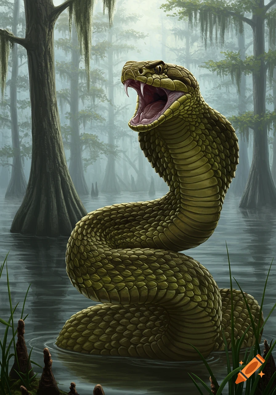 A realistic illustration of a menacing water moccasin with an open mouth, coiled in a misty swamp with cypress trees.