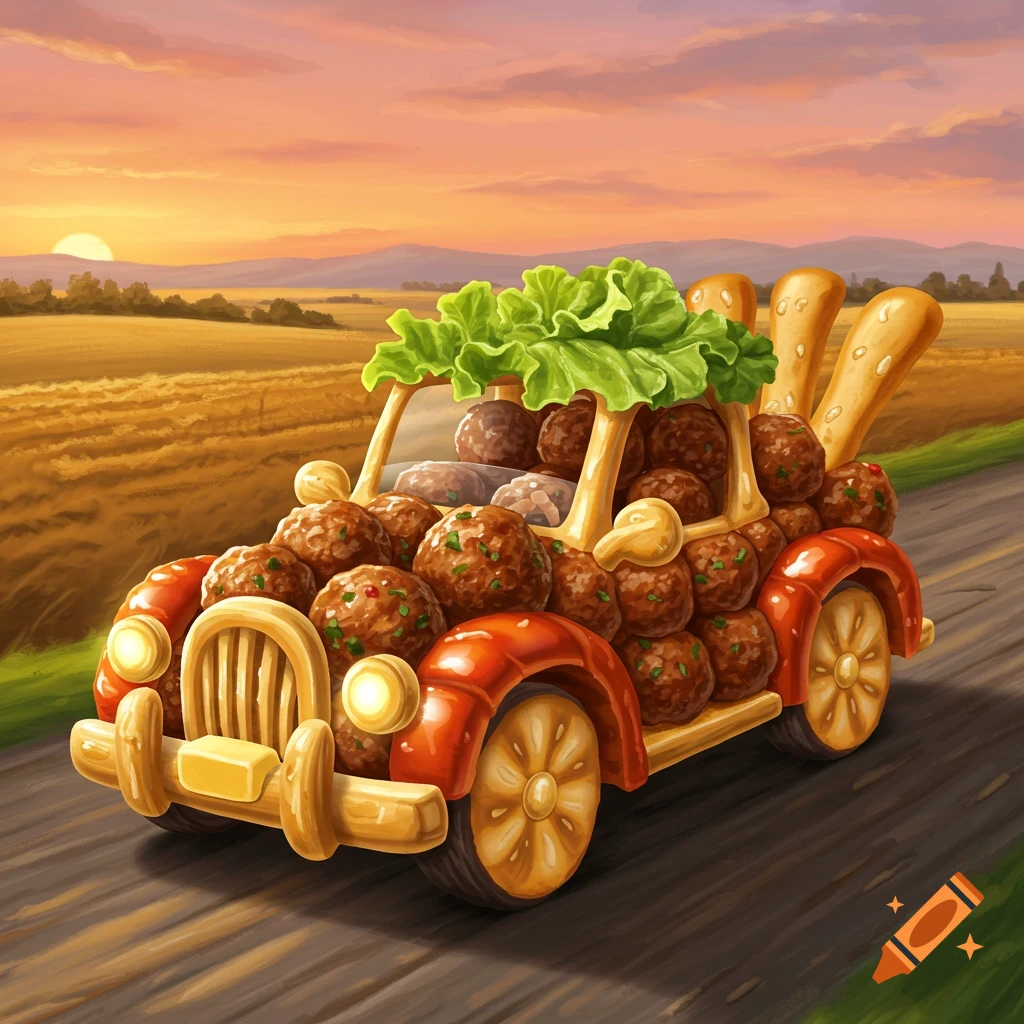 A whimsical car made of meatballs, breadsticks, and lettuce drives on a road through a golden field at sunset.
