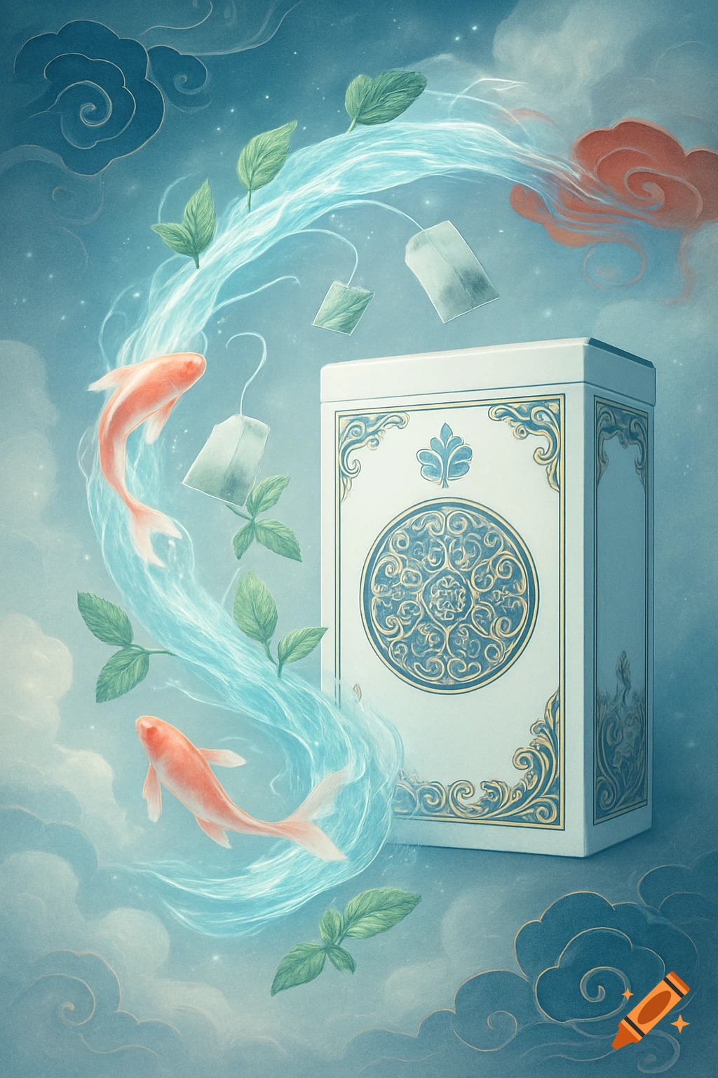 Dreamy tea advertisement with a white ornamental tea box, koi fish, mint leaves, and glowing water waves, in an Asian spiritual art style.