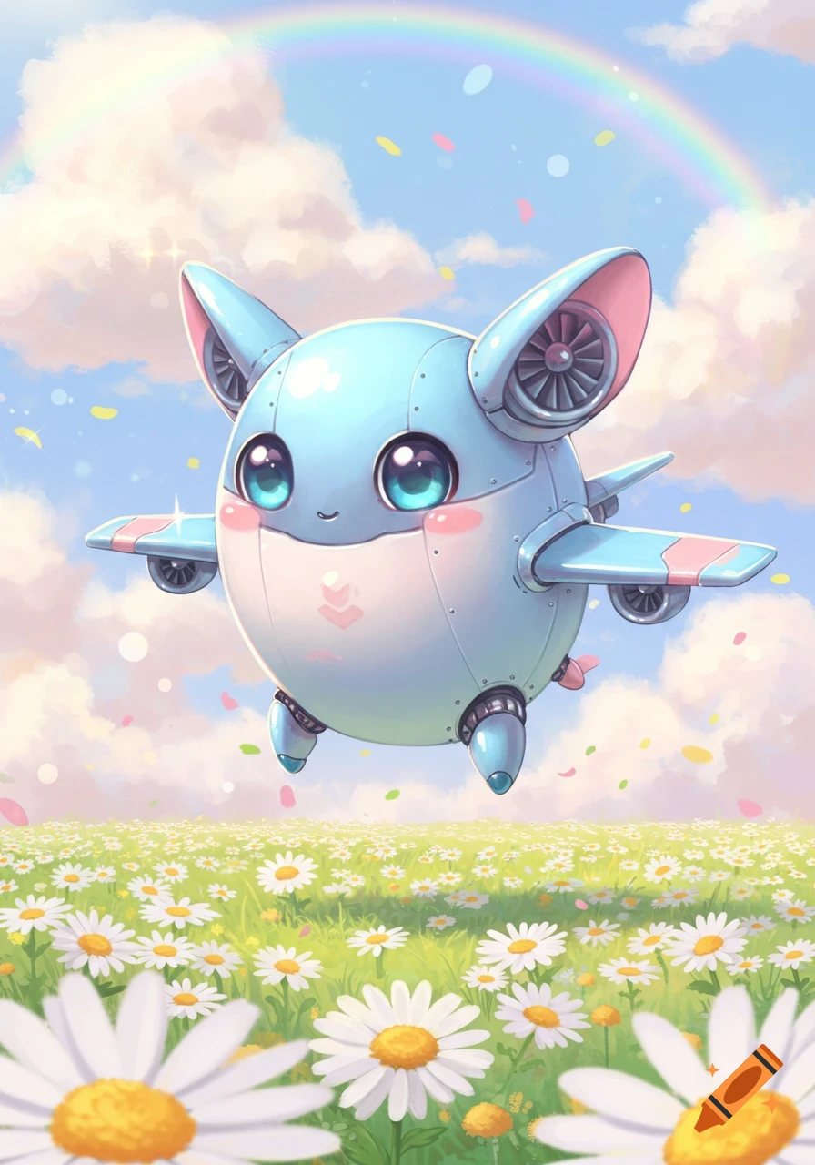 A cute, round, light blue aeromorph creature with big eyes flies above a field of daisies under a rainbow sky.
