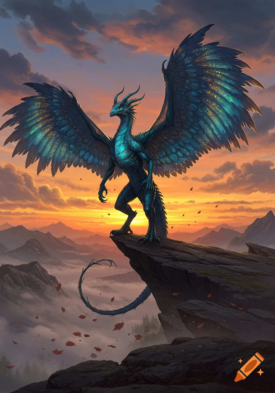 A majestic blue-green dragon with large wings stands on a cliff overlooking misty mountains at sunset, in a detailed fantasy art style.