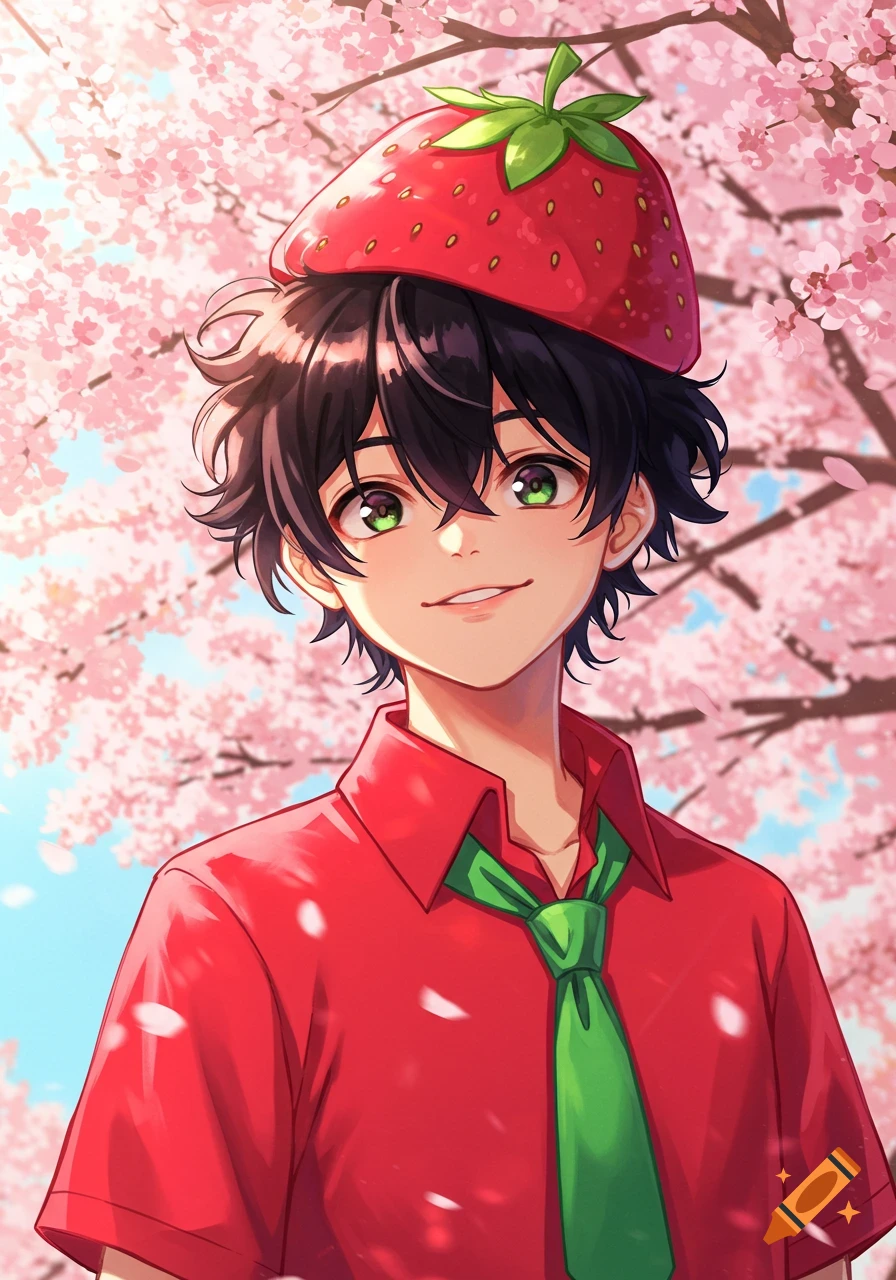 An anime boy with black hair, green eyes, a red shirt, and a strawberry hat smiles against a background of pink cherry blossoms.