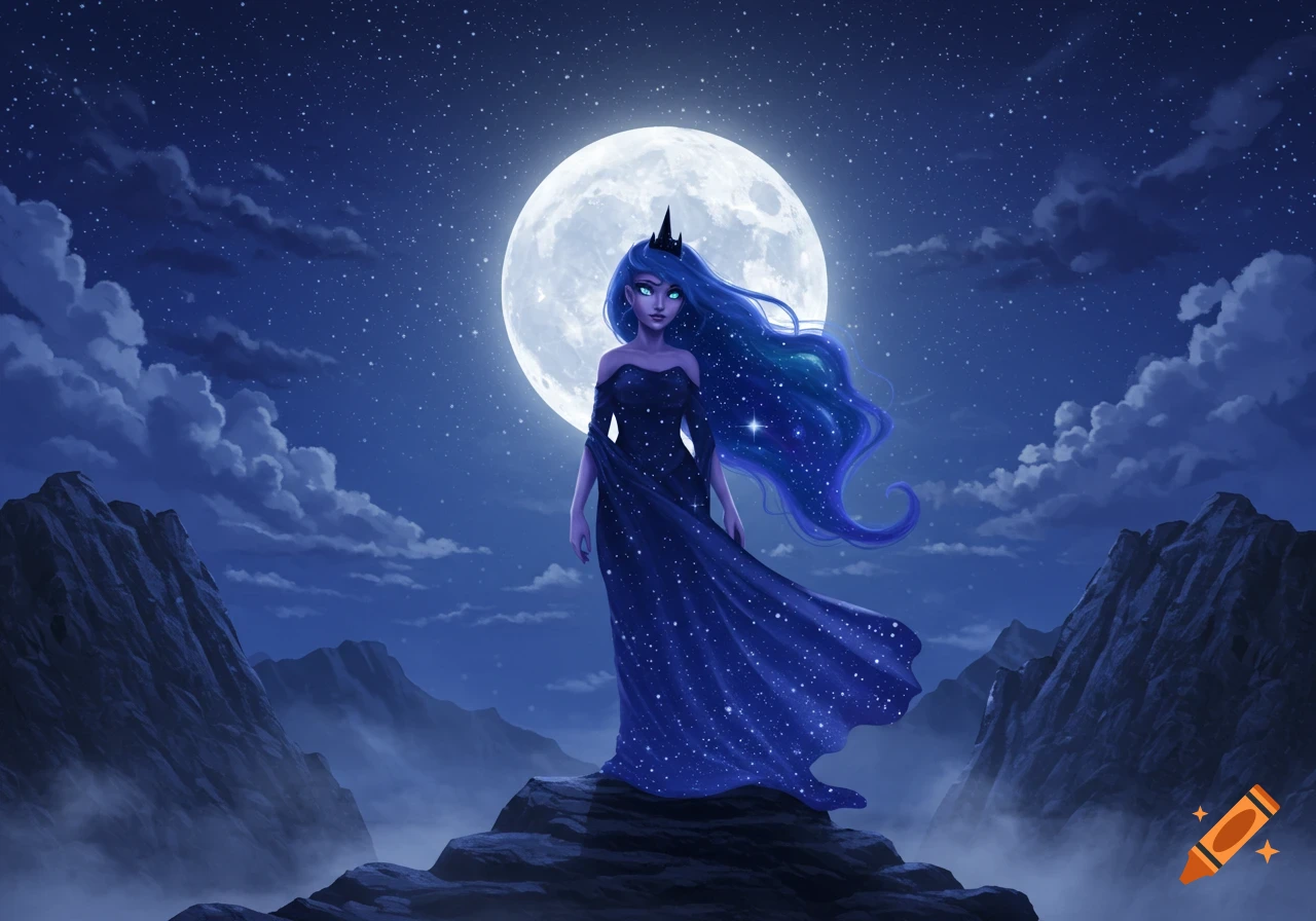 A stylized character resembling Princess Luna stands on a mountain at night, under a full moon, with starry blue hair and a flowing dark blue dress.