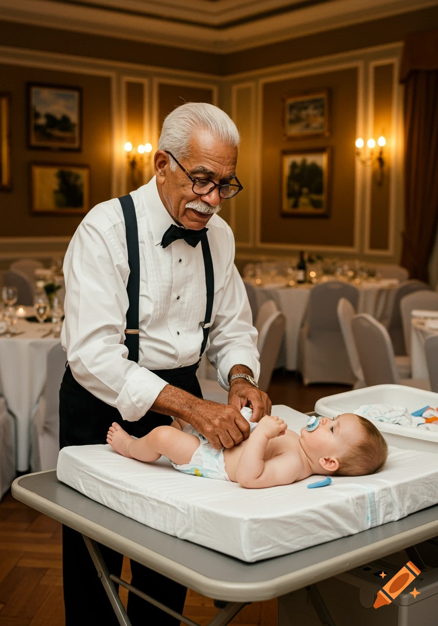 An elderly man in a tuxedo shirt and suspenders changes a baby's diaper on a changing table in a banquet hall.