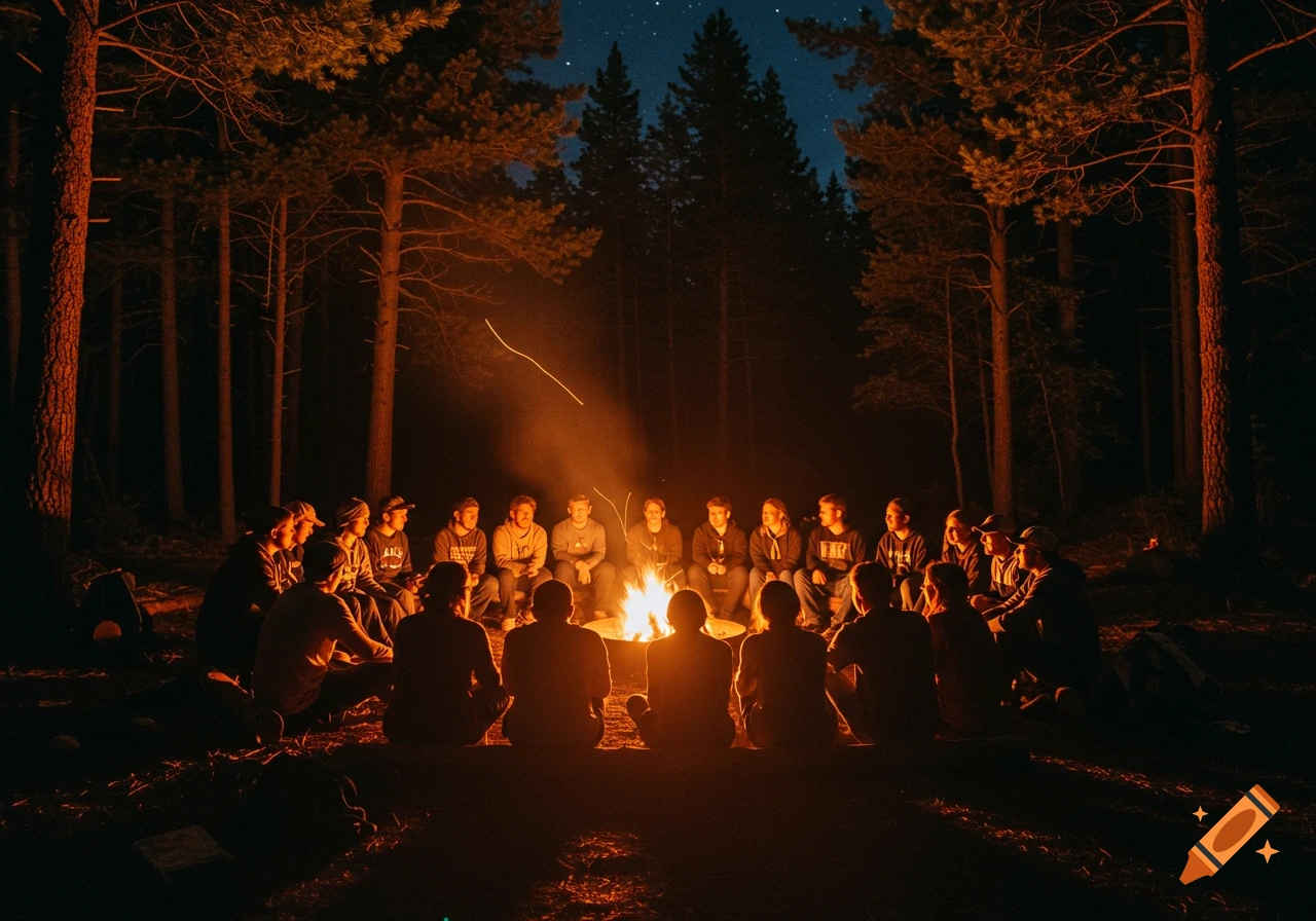 A group of young adults sit around a glowing campfire in a dark forest under a starry night sky, seen from behind.