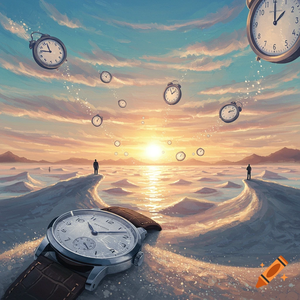 A large wristwatch in the foreground, with a surreal sunset landscape and many floating alarm clocks in the background.
