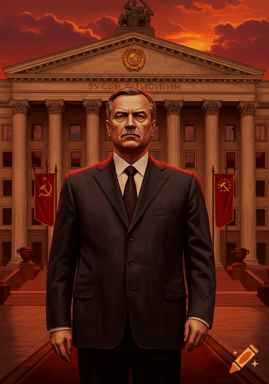 Stern man in a dark suit before a grand Soviet-era building with red flags and hammer and sickle symbols under a dramatic red sky, stylized art.