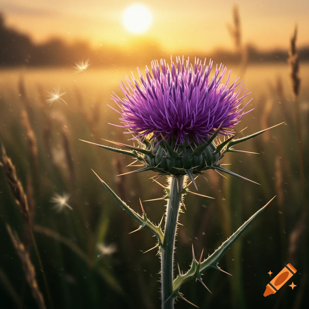 A vibrant purple thistle flower at sunset in a golden field, captured in a photorealistic style.