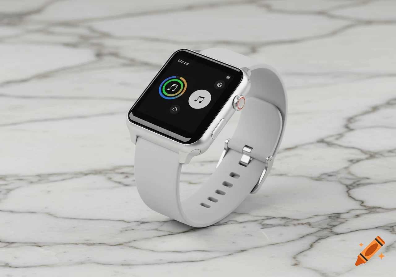 A minimalist smartwatch with a white band and silver case displays music icons on its black screen, resting on a white marble surface.