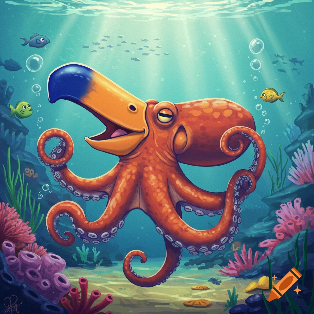 A cartoon octopus with a large yellow and blue parrot beak swims underwater amidst colorful coral and small fish.