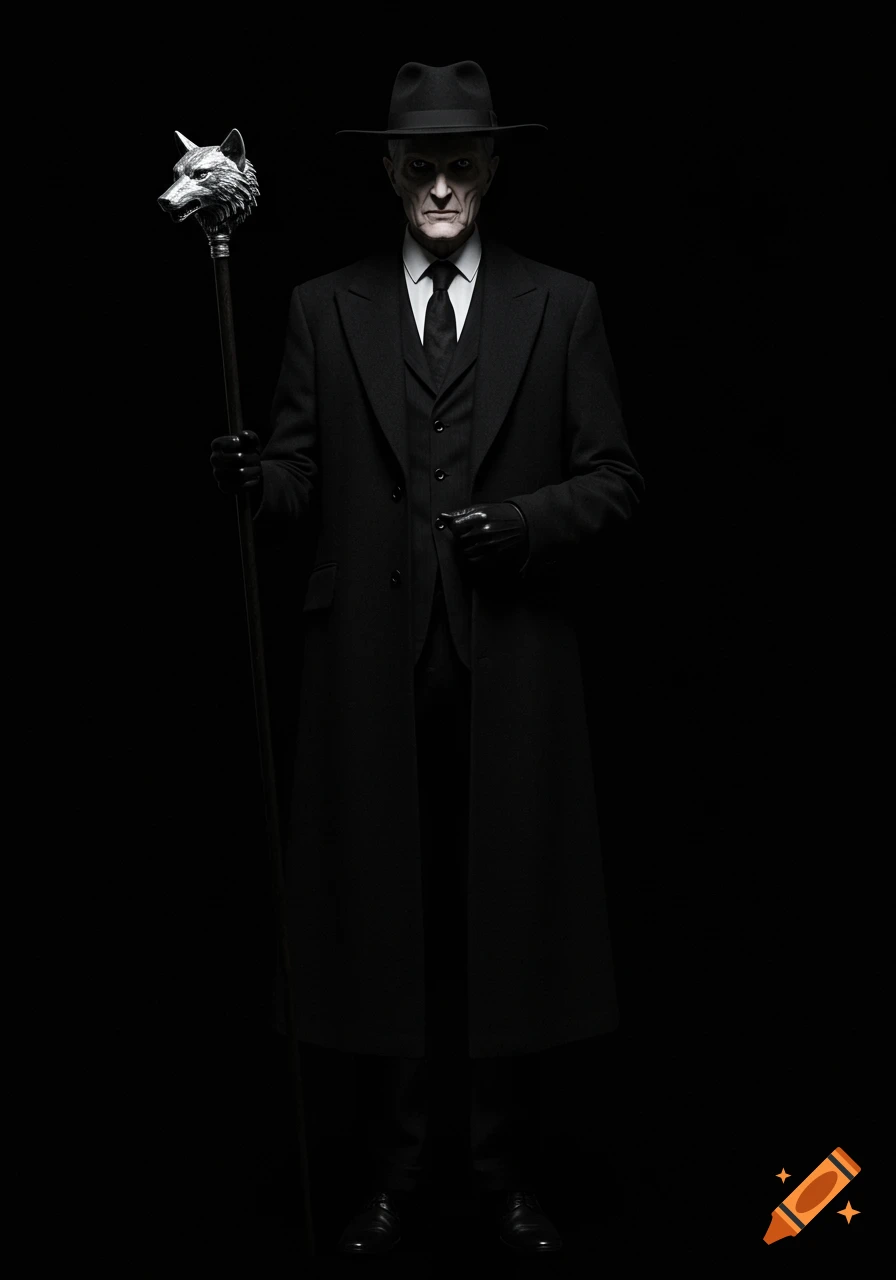 A tall, thin, pale old man in a black suit, coat, trilby, and gloves holds a staff with a silver wolf head, standing in a black void.