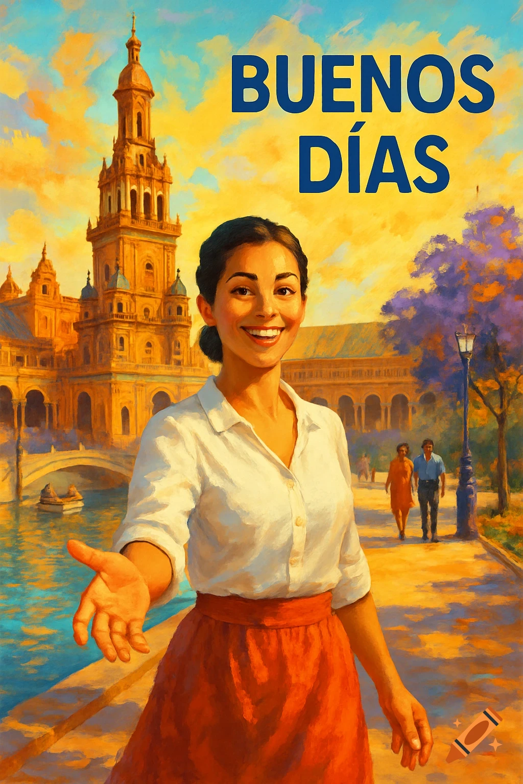 Painterly image of a smiling woman reaching out her hand, with "Buenos Días" text above the Plaza de España in Seville, Spain.