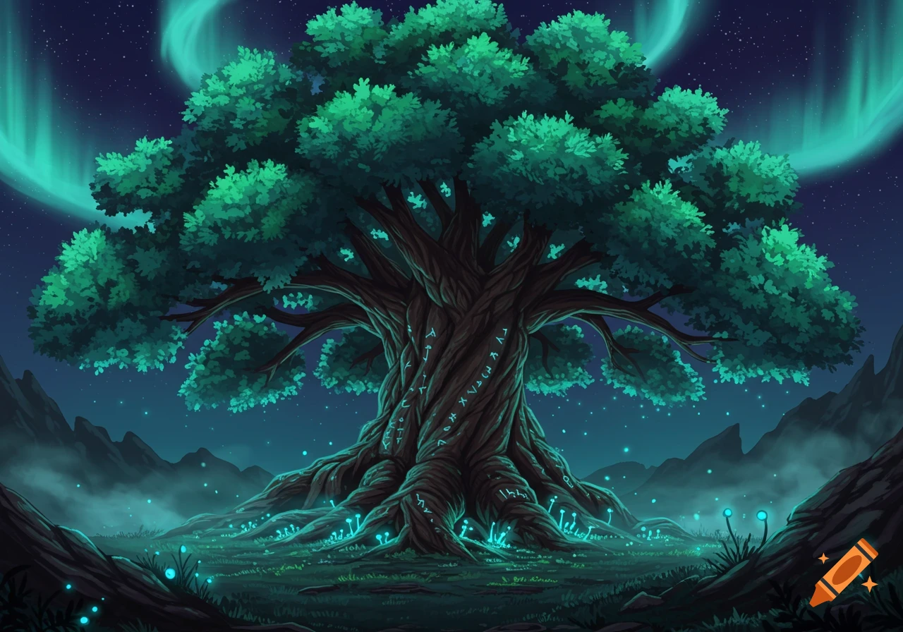 Fantasy art of a mystical tree with glowing runes and bioluminescent mushrooms under a starry night sky with aurora.