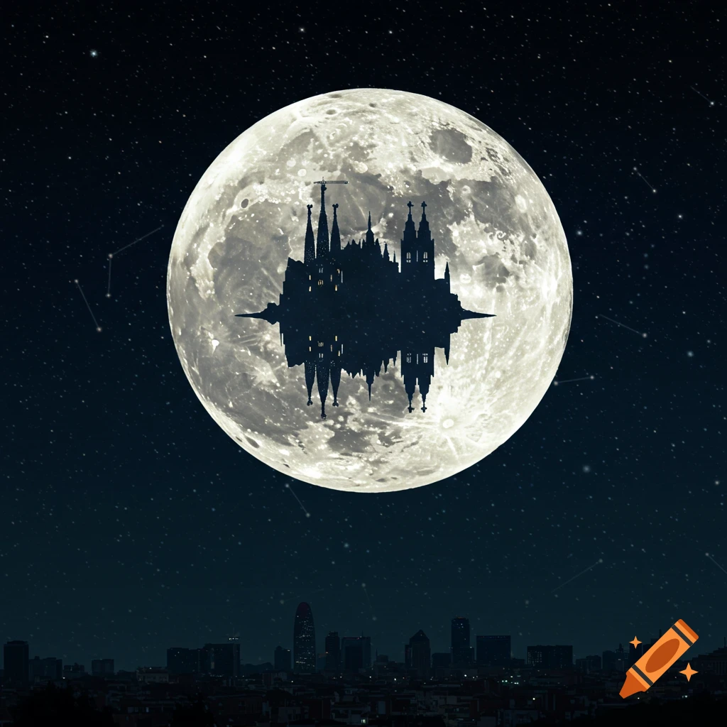 Silhouette of Sagrada Familia and Barcelona buildings reflected in a full moon over a city skyline at night.