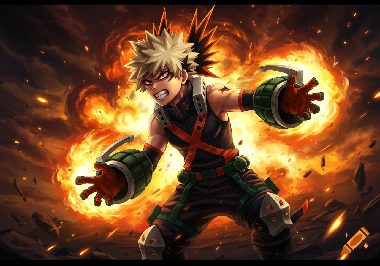 An angry blonde anime boy with spiky hair and red eyes, wearing a black and orange hero costume with grenade gauntlets, stands amid explosions and flying debris.