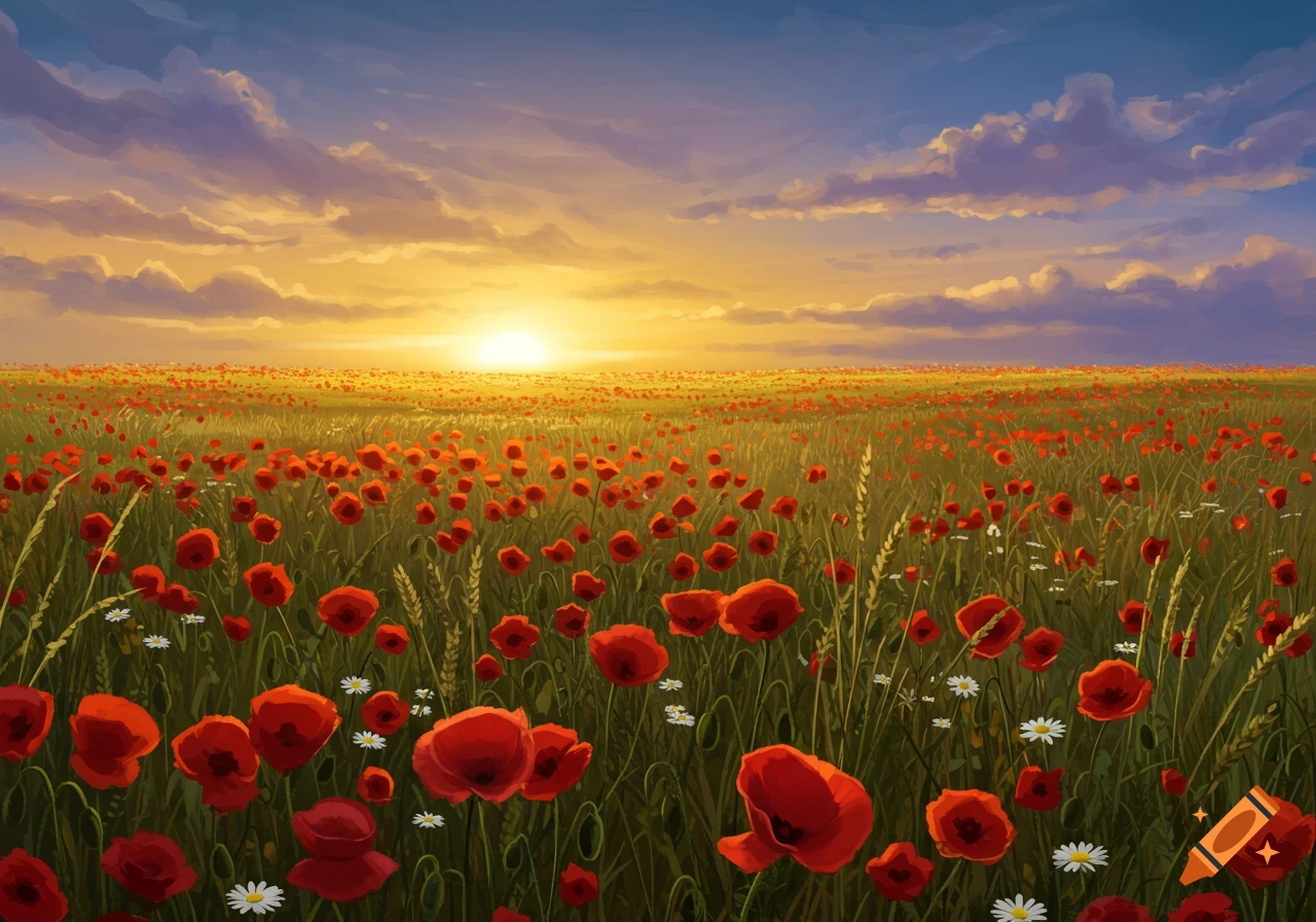A vibrant red poppy field stretches towards a golden sunset on the horizon under a blue sky with fluffy clouds, rendered in a painterly style.