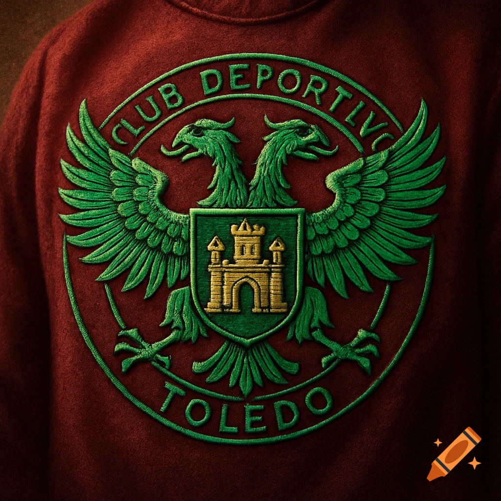 Close-up of a green two-headed eagle emblem with a golden castle and 'CLUB DEPORTIVO TOLEDO' text, embroidered on a red fabric.
