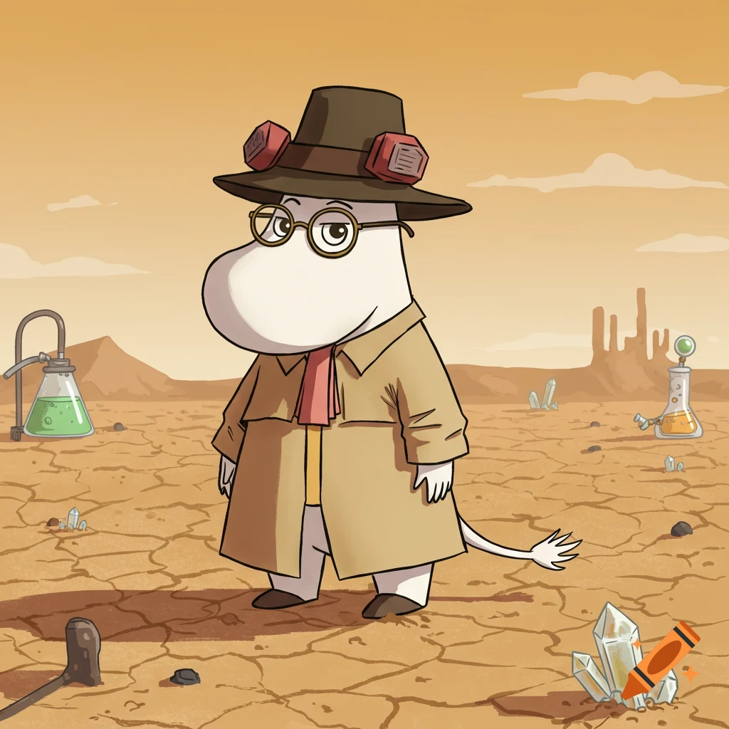 A Moomin character in a trench coat, hat, and goggles stands in a cracked desert landscape with flasks and crystals.