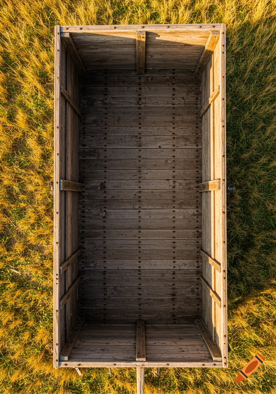 An aerial view looking down into the empty, rustic wooden bed of a wagon, surrounded by dry, golden grass.