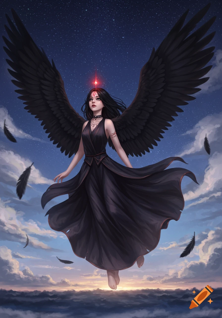 A dark-haired woman with large black wings and a long black dress floats in a cloudy night sky, a glowing red symbol on her forehead.