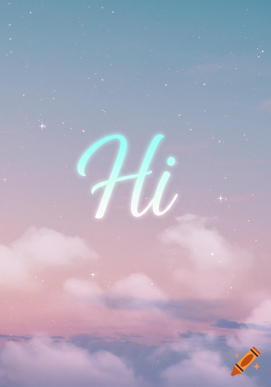A glowing, cursive "Hi" floats in a pastel gradient sky with fluffy clouds and twinkling stars.