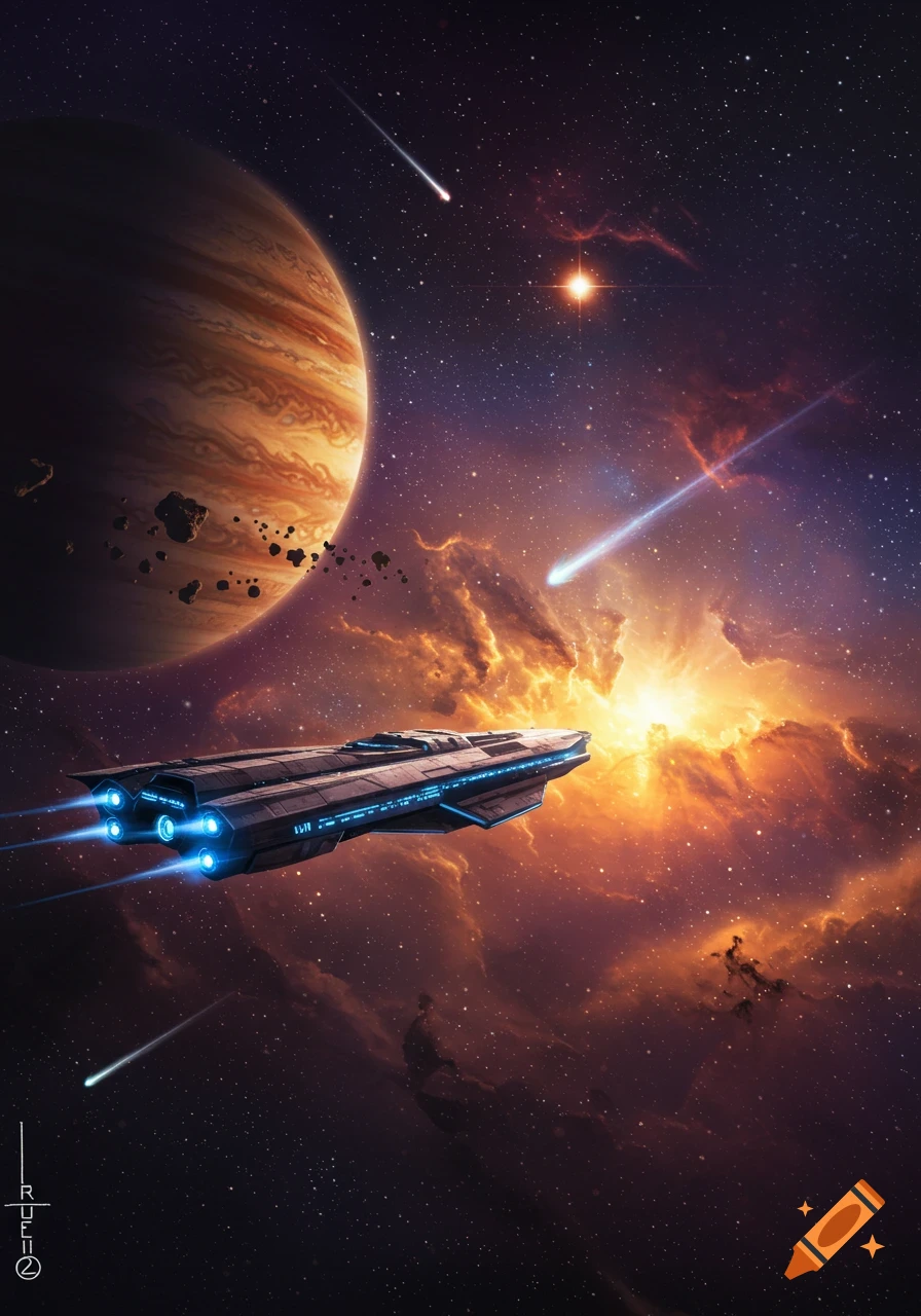 A futuristic spaceship flying past a giant striped planet, asteroids, and glowing orange nebulae in a star-filled galaxy.