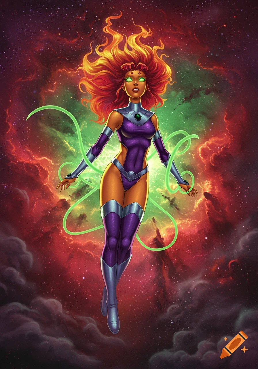 Illustration of Starfire, a superhero with fiery red hair and purple costume, floating in a cosmic background with green energy.