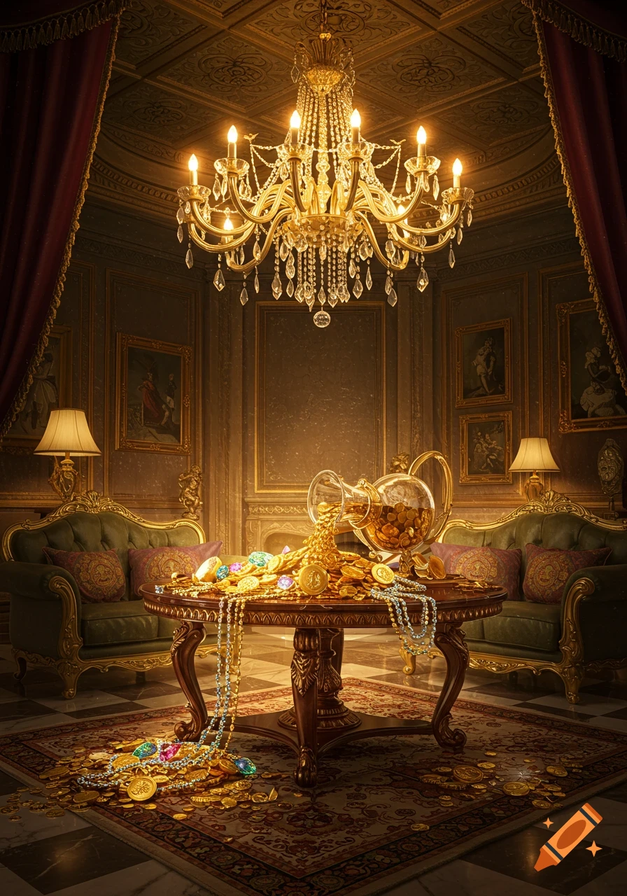 An opulent room with a grand chandelier above a table overflowing with gold coins, jewels, and necklaces.